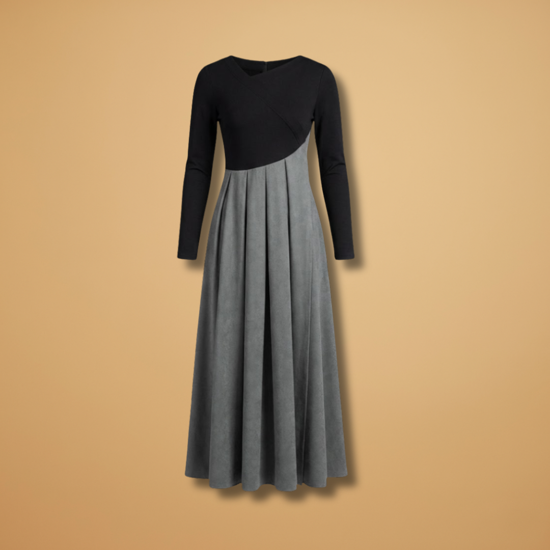 Midi Dress with Pleated Skirt and Long Sleeves for Women