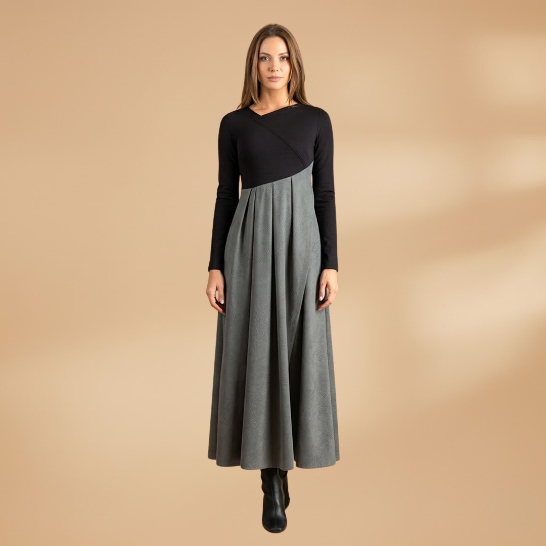 Midi Dress with Pleated Skirt and Long Sleeves for Women