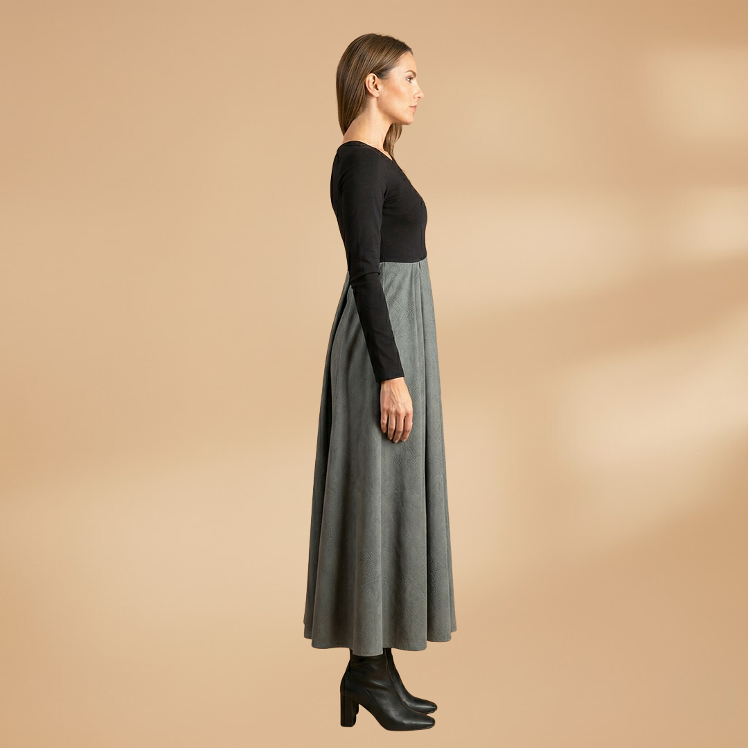 Midi Dress with Pleated Skirt and Long Sleeves for Women