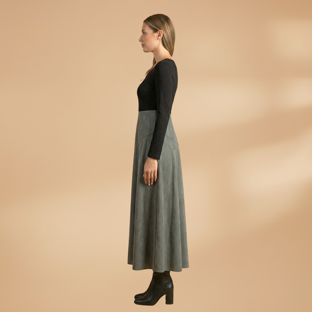 Midi Dress with Pleated Skirt and Long Sleeves for Women