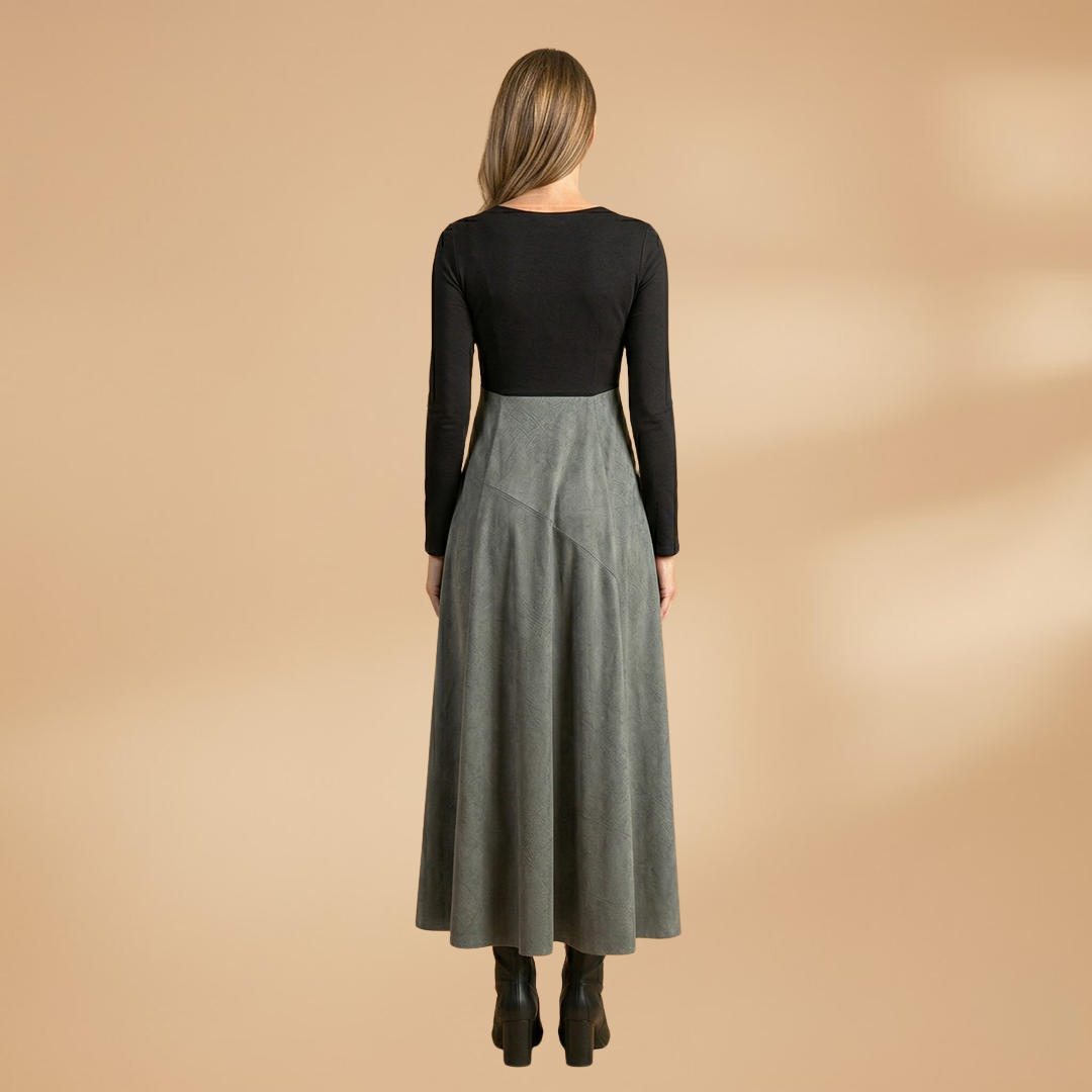 Midi Dress with Pleated Skirt and Long Sleeves for Women