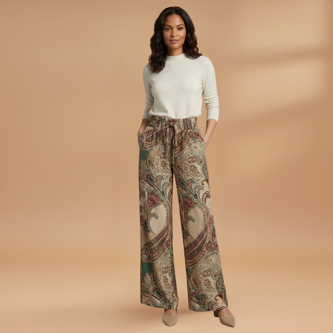 Palazzo Pants with Elastic Waistband and Printed Surface for Women