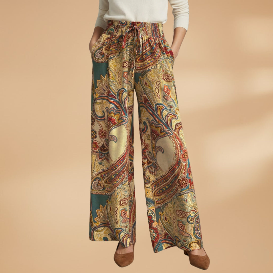 Palazzo Pants with Elastic Waistband and Printed Surface for Women