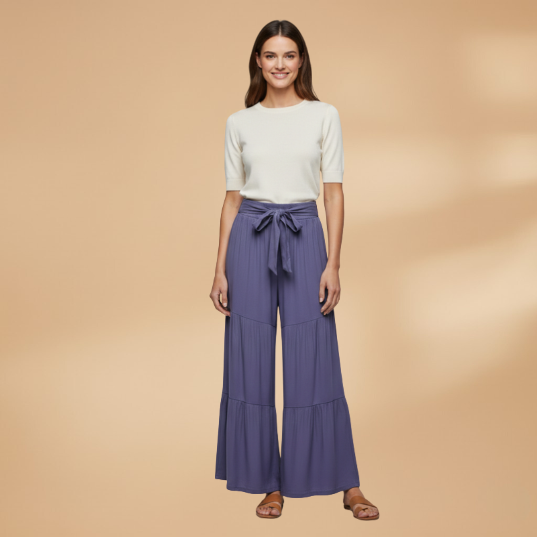 Palazzo Pants with Elastic Waistband and Tie Belt for Women
