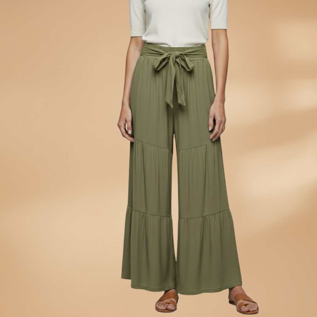 Palazzo Pants with Elastic Waistband and Tie Belt for Women