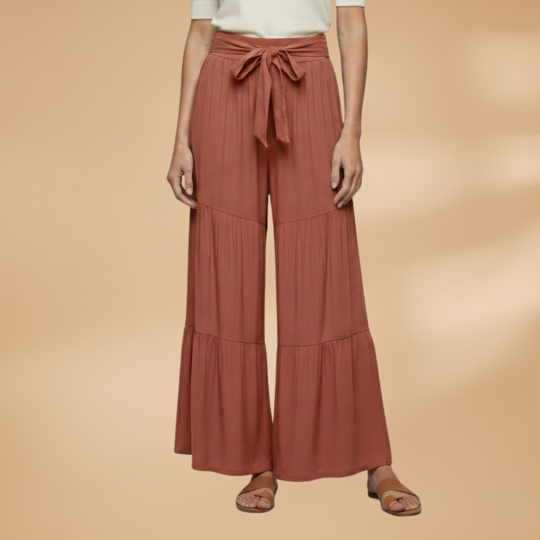 Palazzo Pants with Elastic Waistband and Tie Belt for Women
