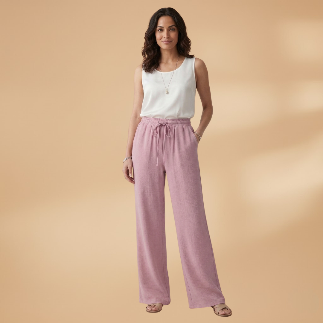 Palazzo Trousers with Elastic Waistband and Drawstring for Women