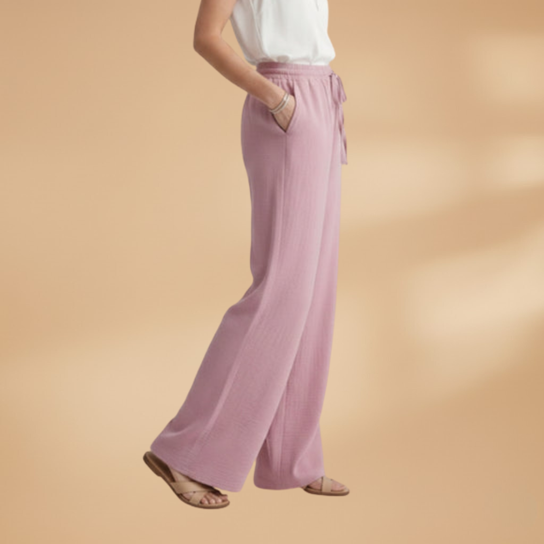 Palazzo Trousers with Elastic Waistband and Drawstring for Women