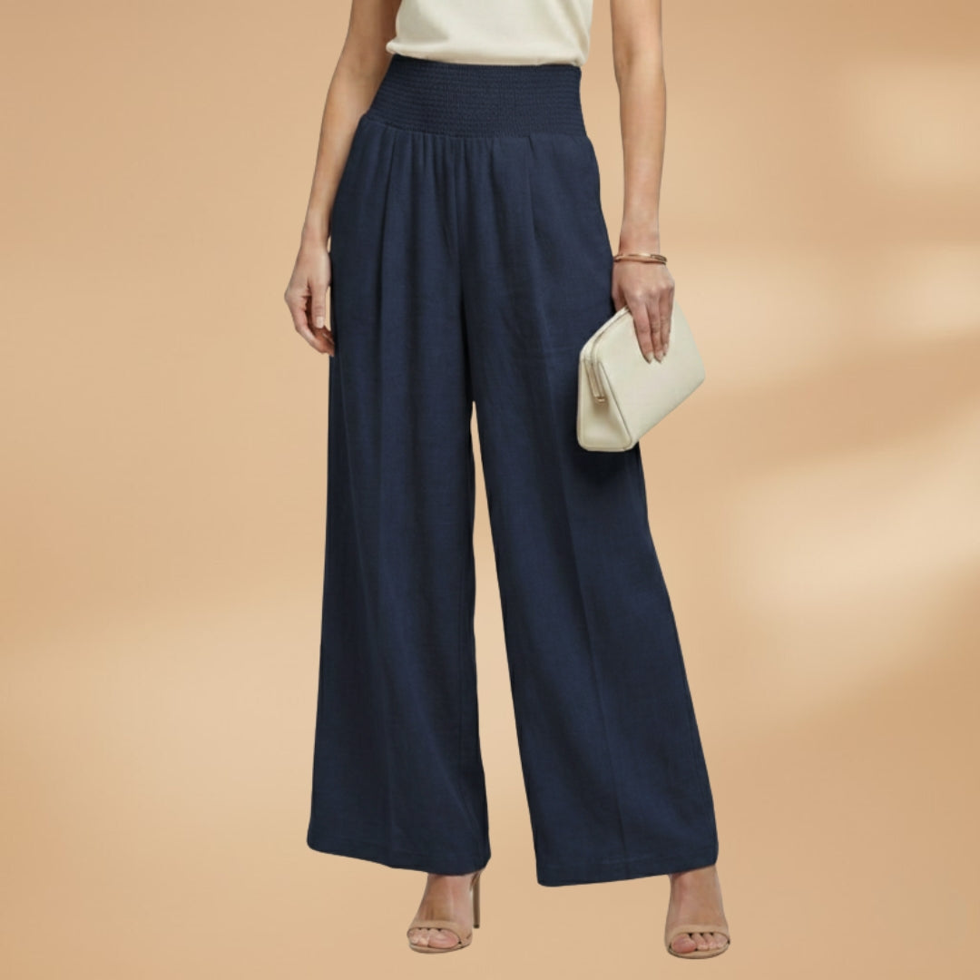 Palazzo Trousers with Elastic Waistband and Pleats for Women