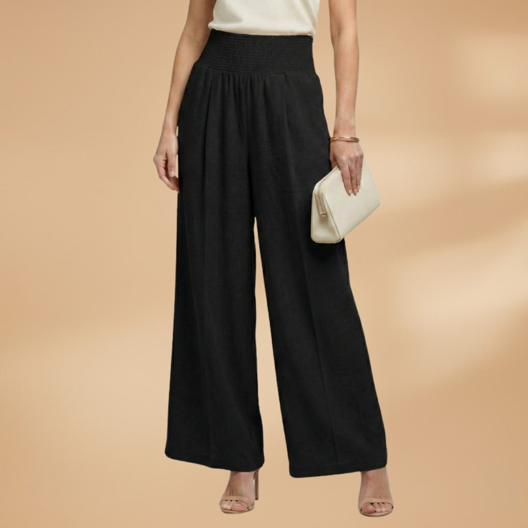 Palazzo Trousers with Elastic Waistband and Pleats for Women