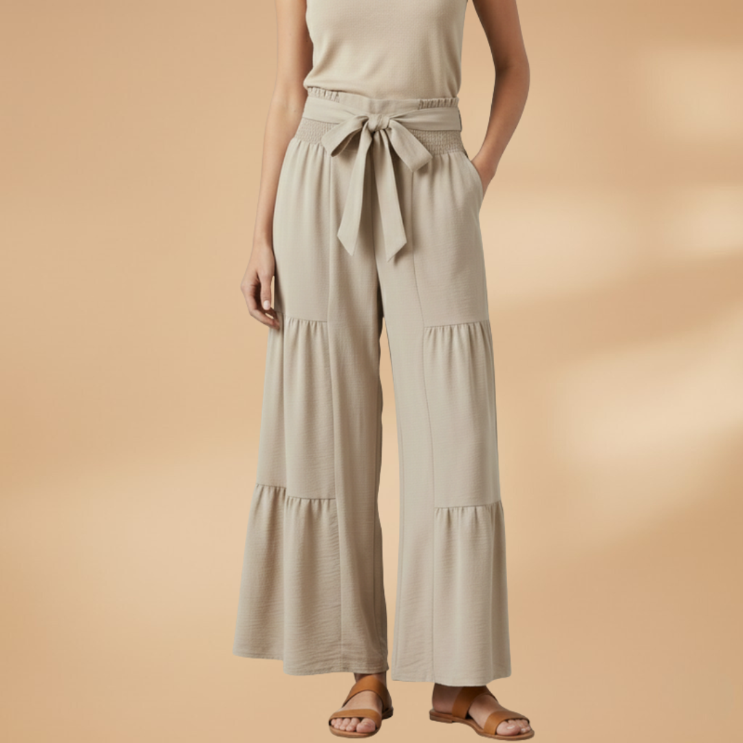 Palazzo Trousers with Waist Belt and Ruffle Hem for Women