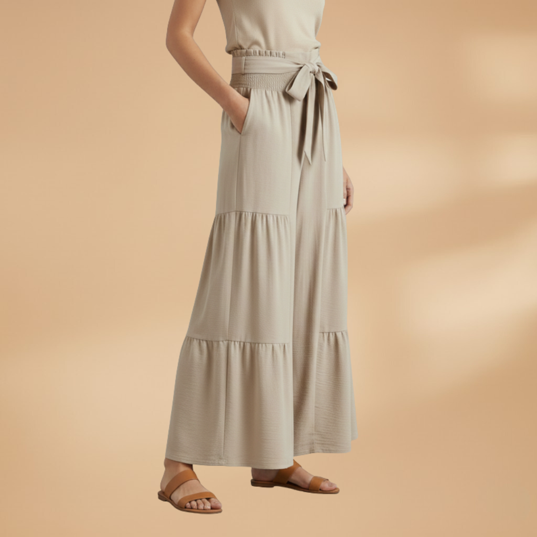 Palazzo Trousers with Waist Belt and Ruffle Hem for Women