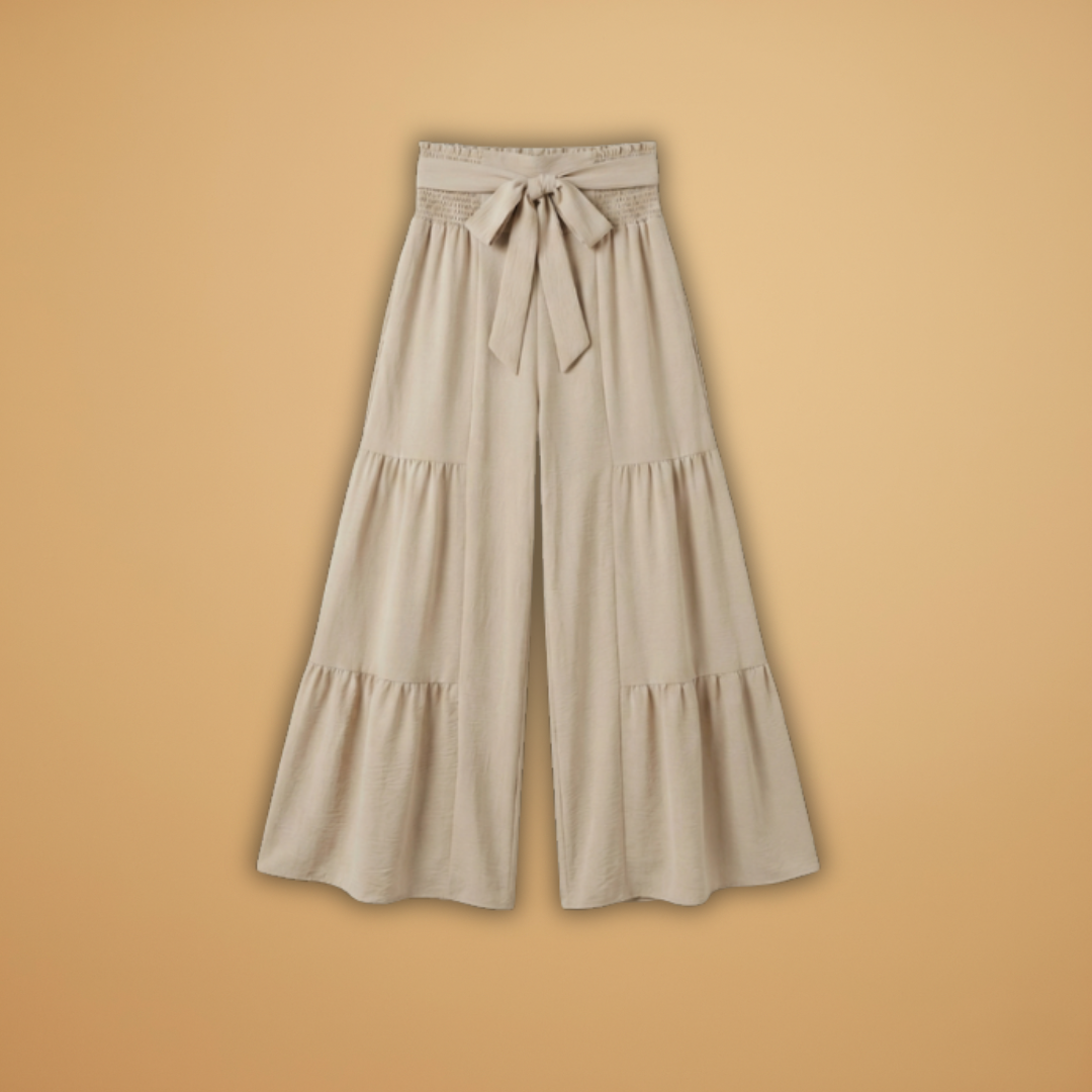 Palazzo Trousers with Waist Belt and Ruffle Hem for Women
