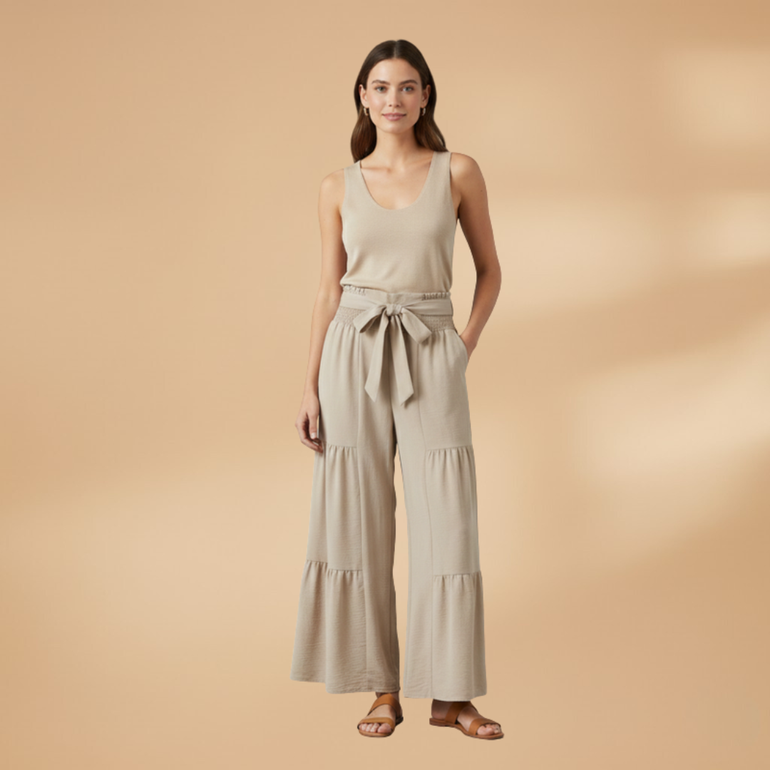 Palazzo Trousers with Waist Belt and Ruffle Hem for Women
