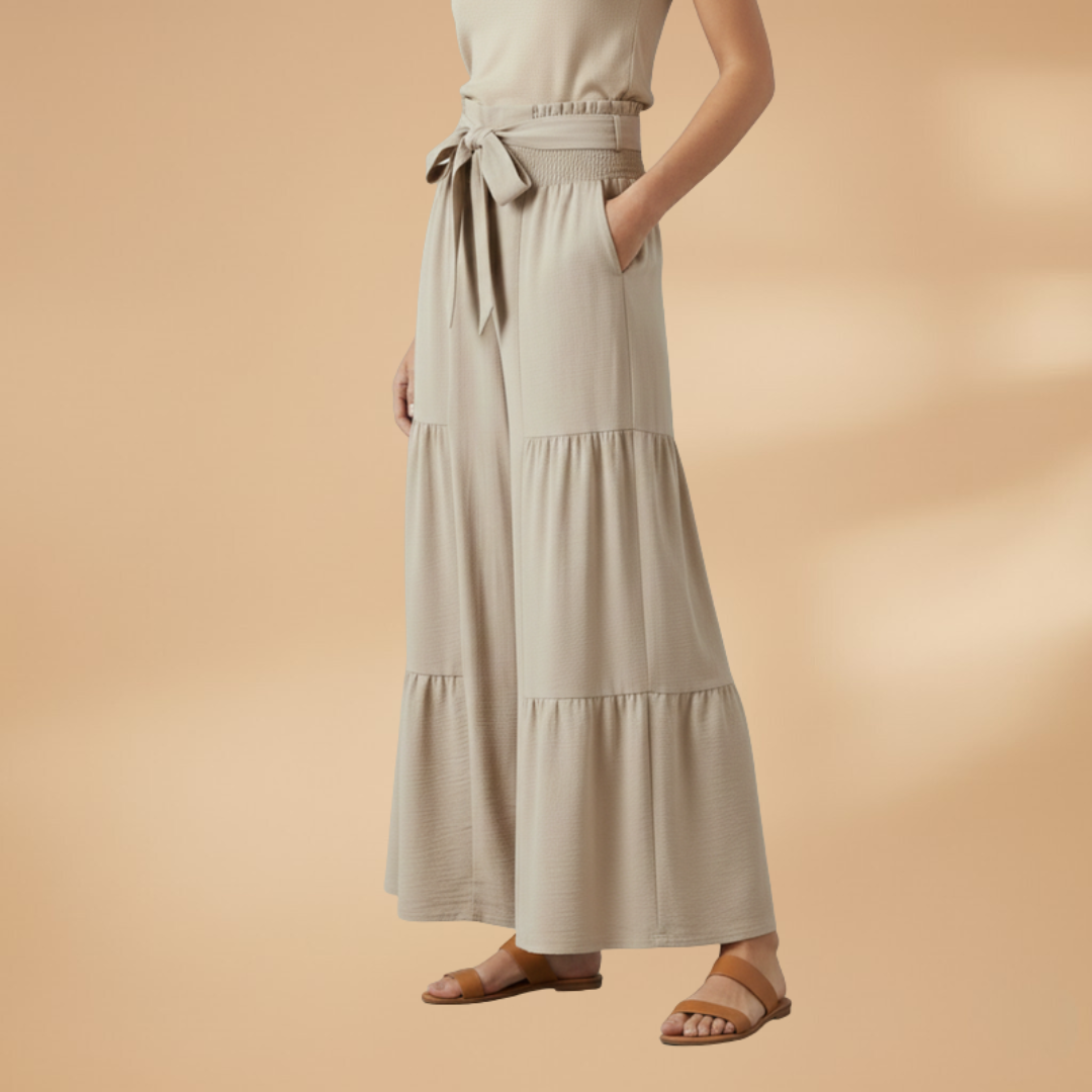 Palazzo Trousers with Waist Belt and Ruffle Hem for Women