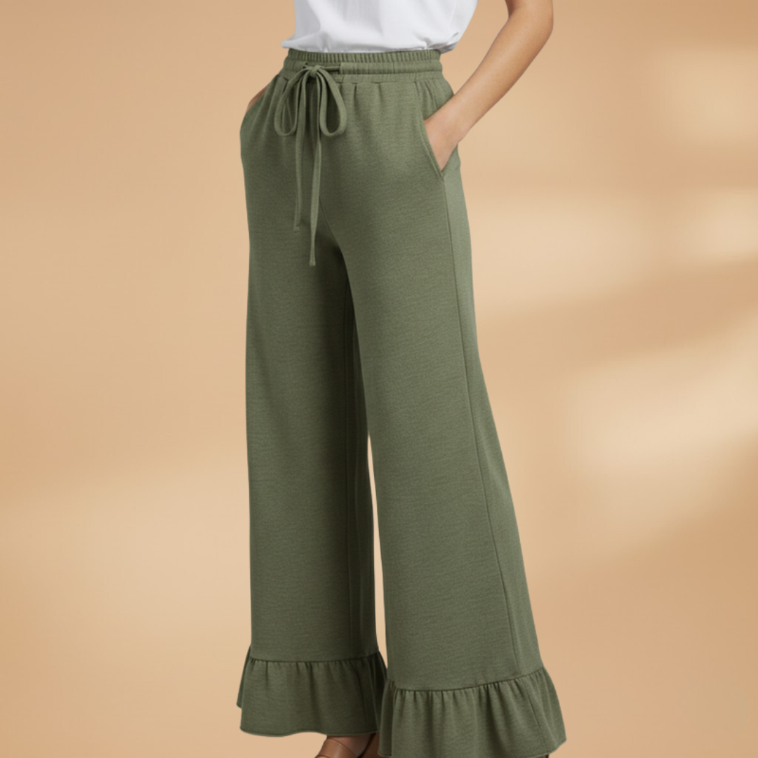 Palazzo Trousers with Ruffles and Side Pockets for Women