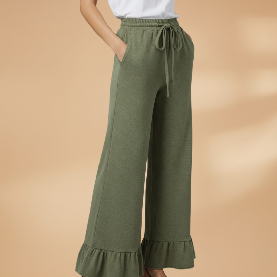 Palazzo Trousers with Ruffles and Side Pockets for Women