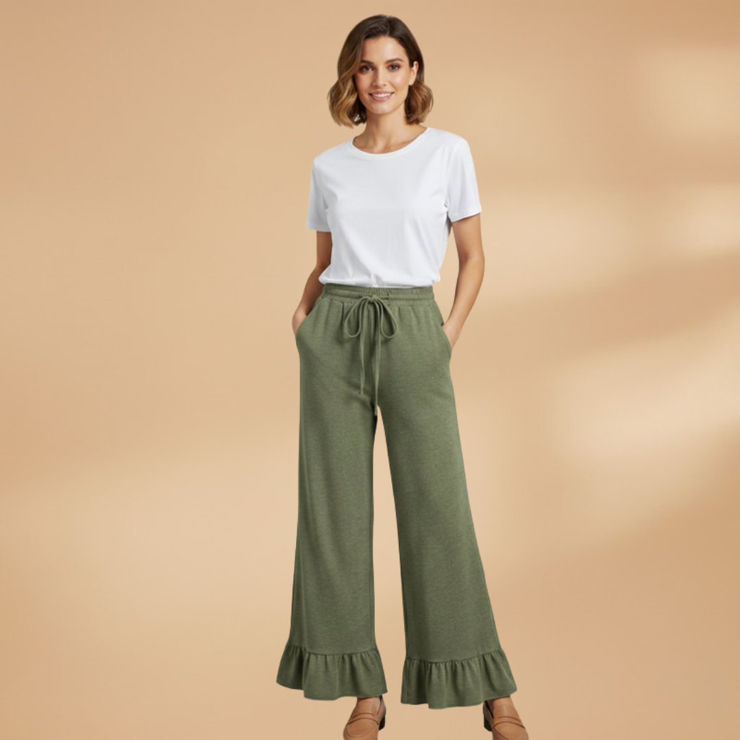 Palazzo Trousers with Ruffles and Side Pockets for Women