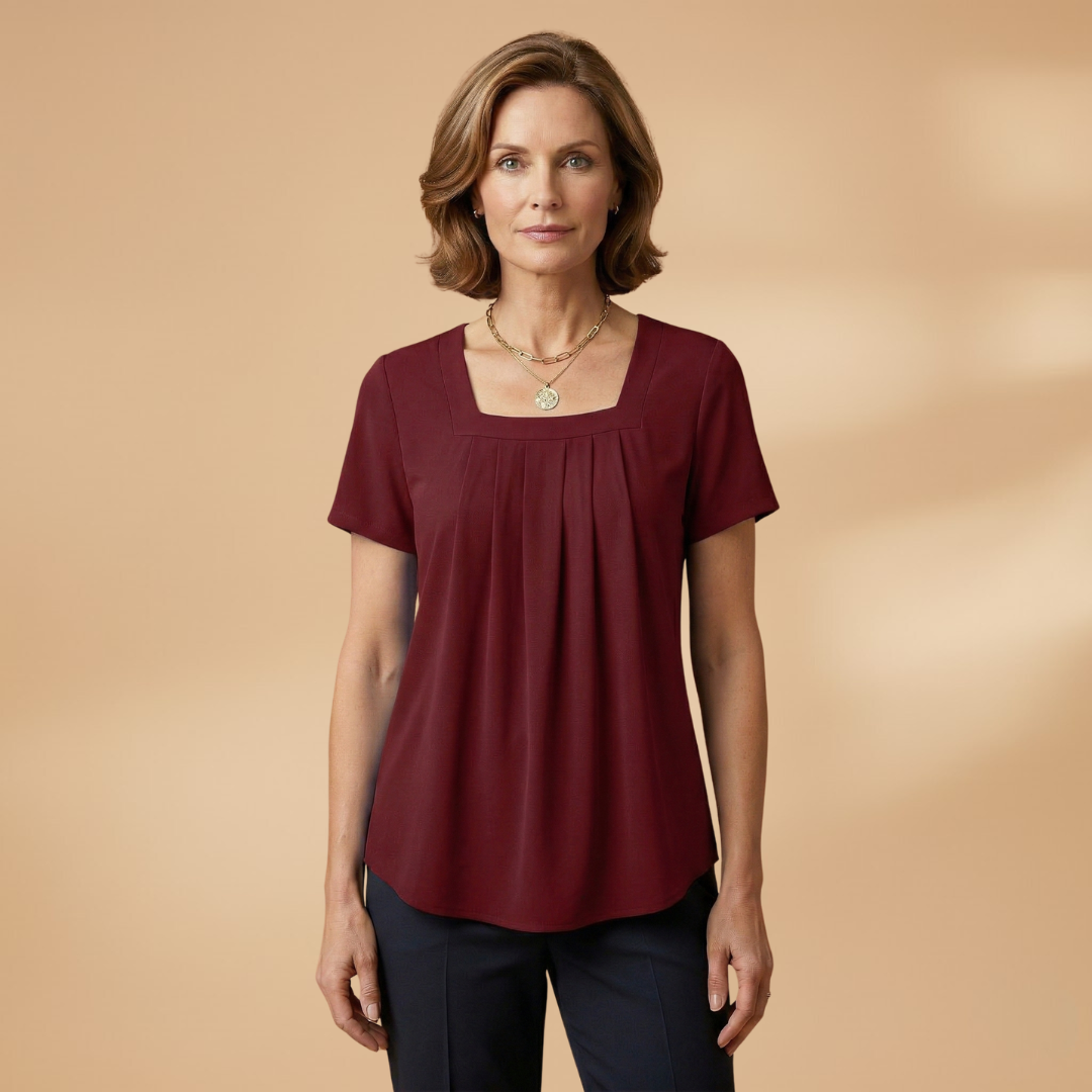Pleated Summer Blouse with Square Neckline for Women