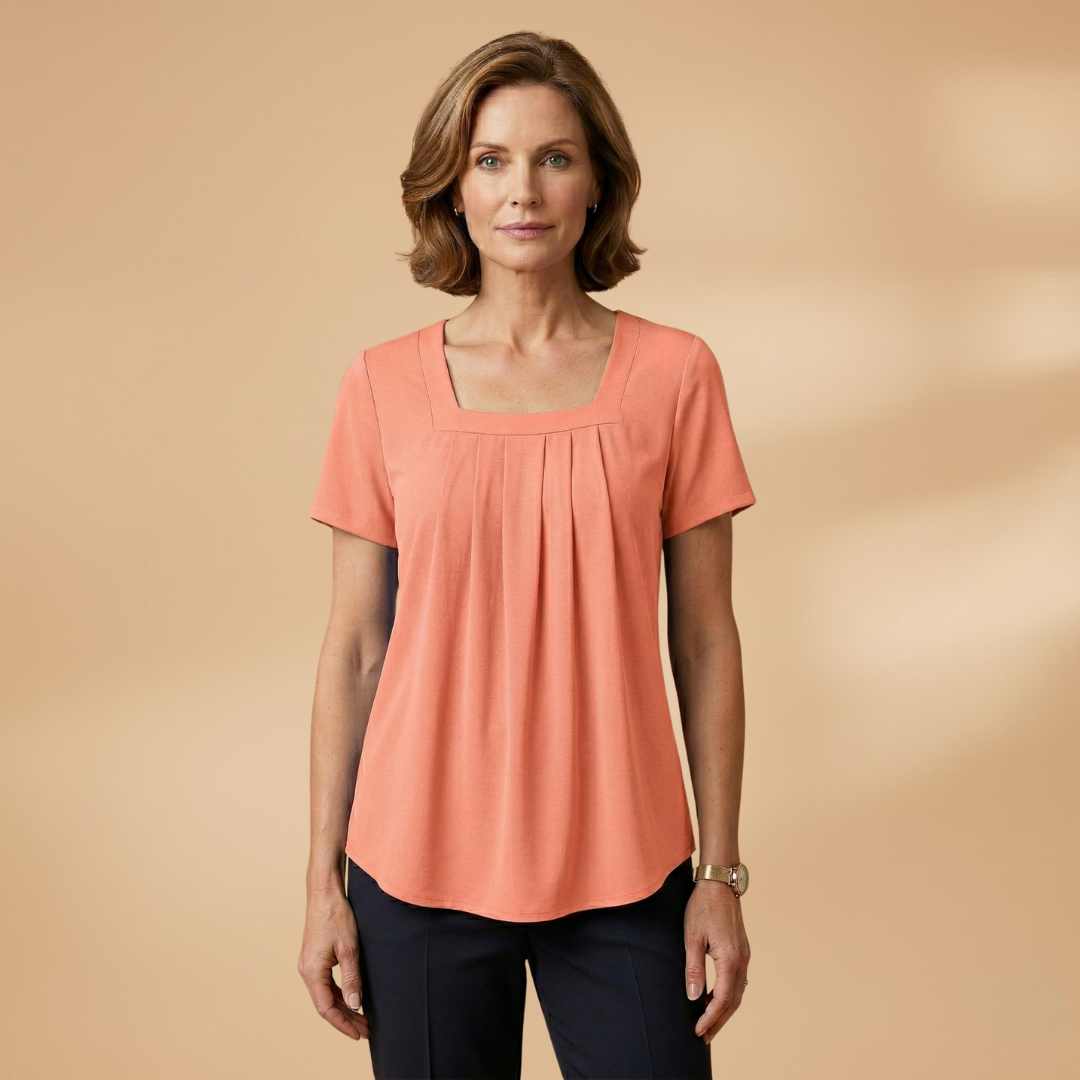 Pleated Summer Blouse with Square Neckline for Women