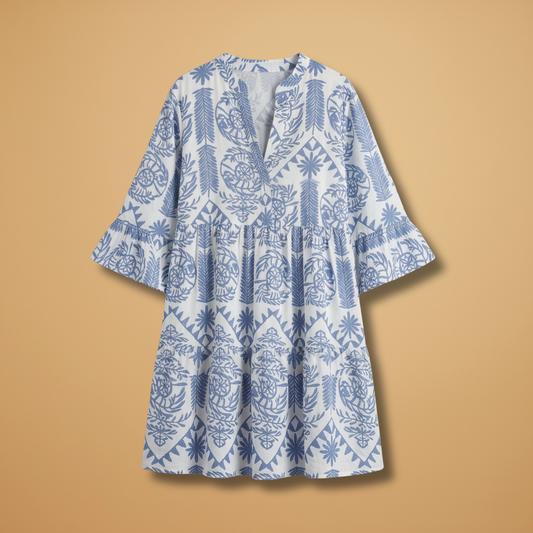 Printed Dress with Knee-Length Skirt and Patterned Surface for Women