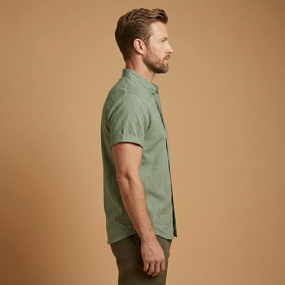 Shirt with Stand-Up Collar and Rolled Sleeves for Women