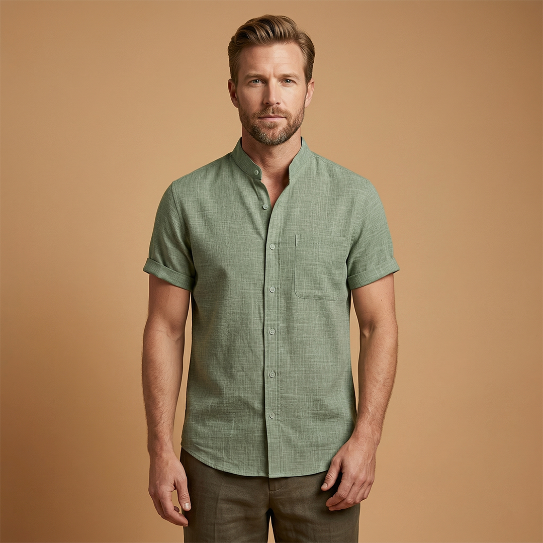 Shirt with Stand-Up Collar and Rolled Sleeves for Women