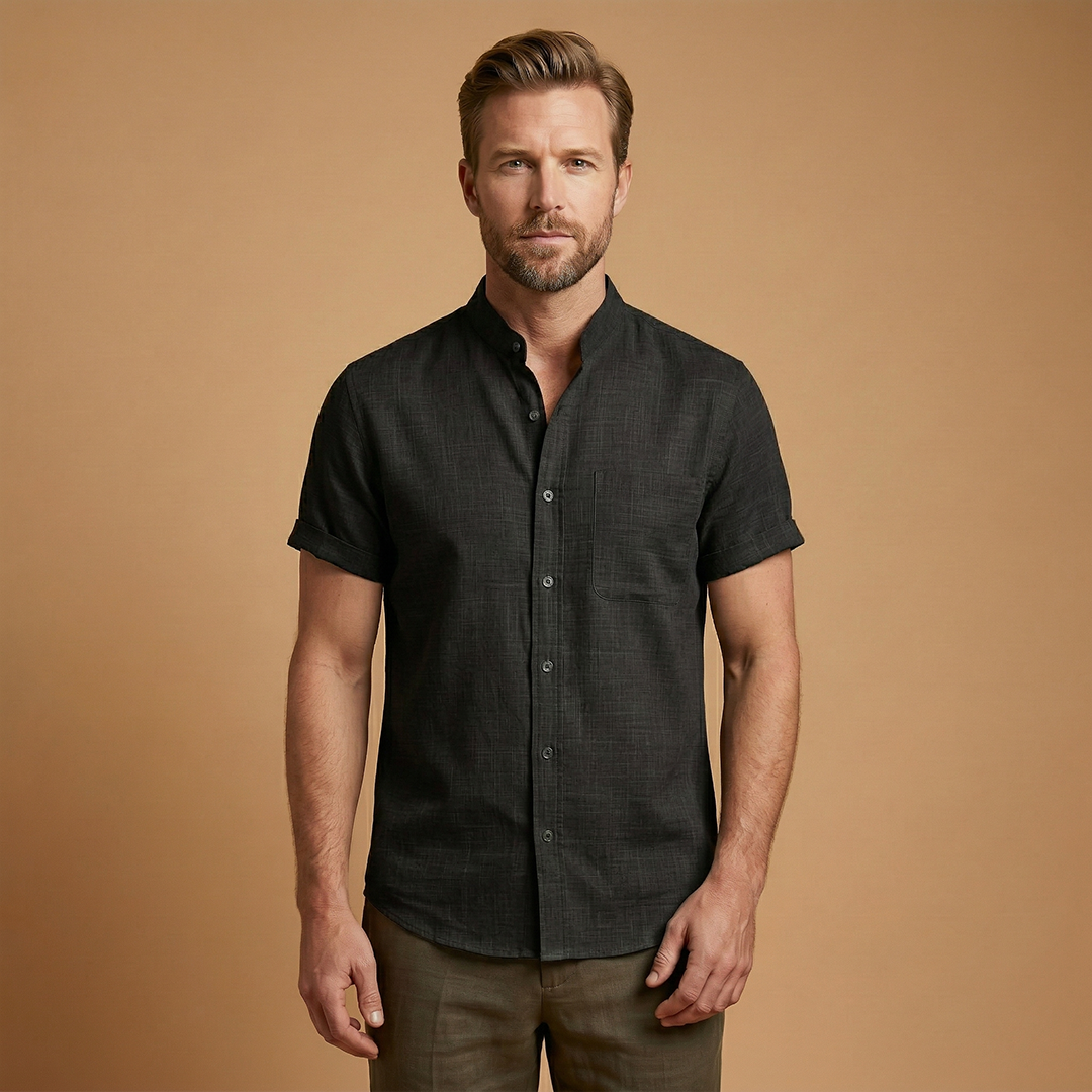 Shirt with Stand-Up Collar and Rolled Sleeves for Women