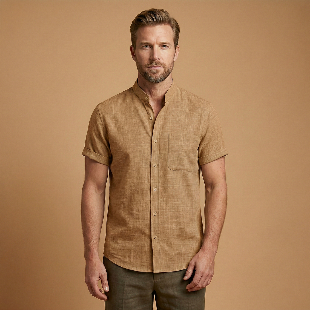 Shirt with Stand-Up Collar and Rolled Sleeves for Women