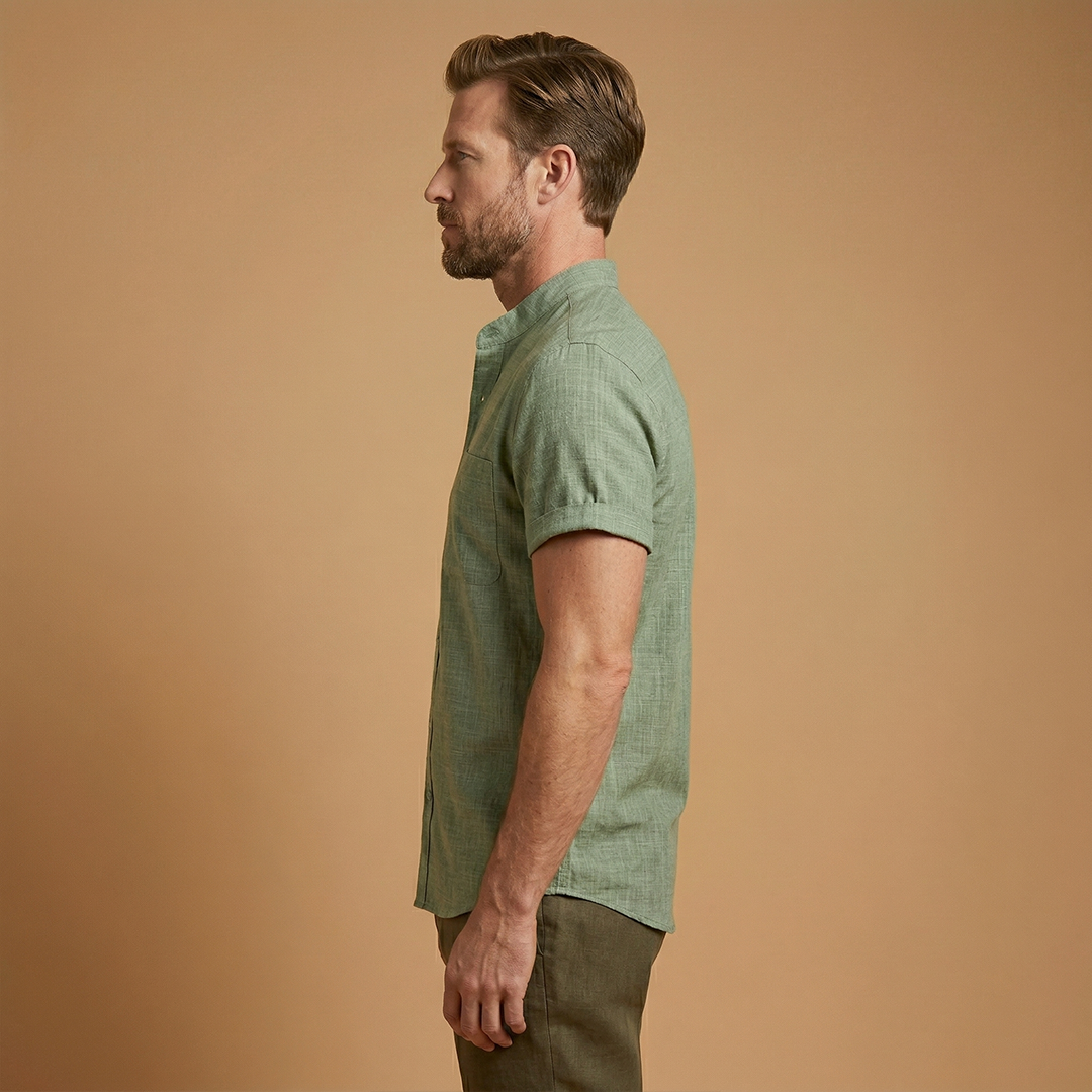 Shirt with Stand-Up Collar and Rolled Sleeves for Women