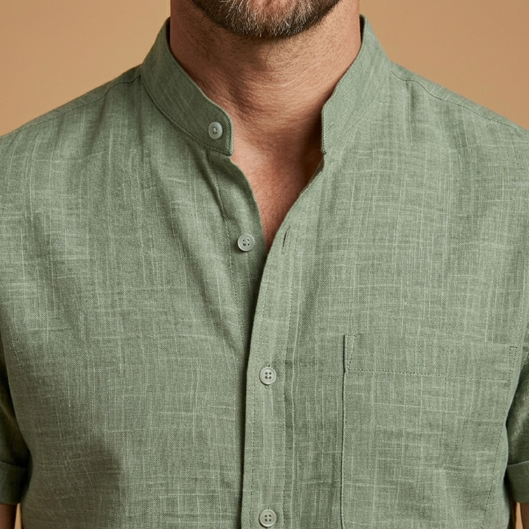 Shirt with Stand-Up Collar and Rolled Sleeves for Women