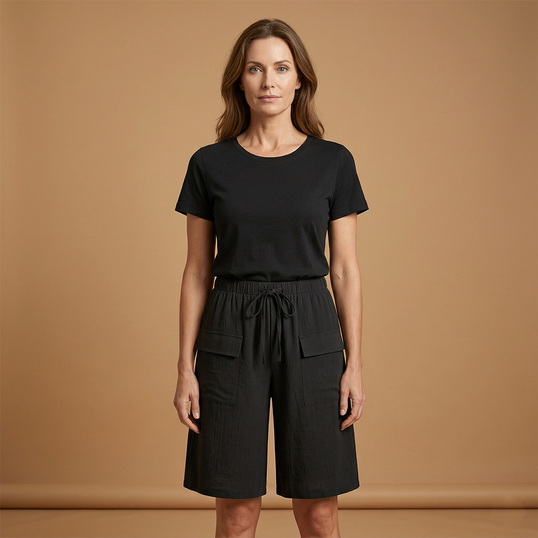 Shorts with Elasticated Waistband and Adjustable Drawstring for Women