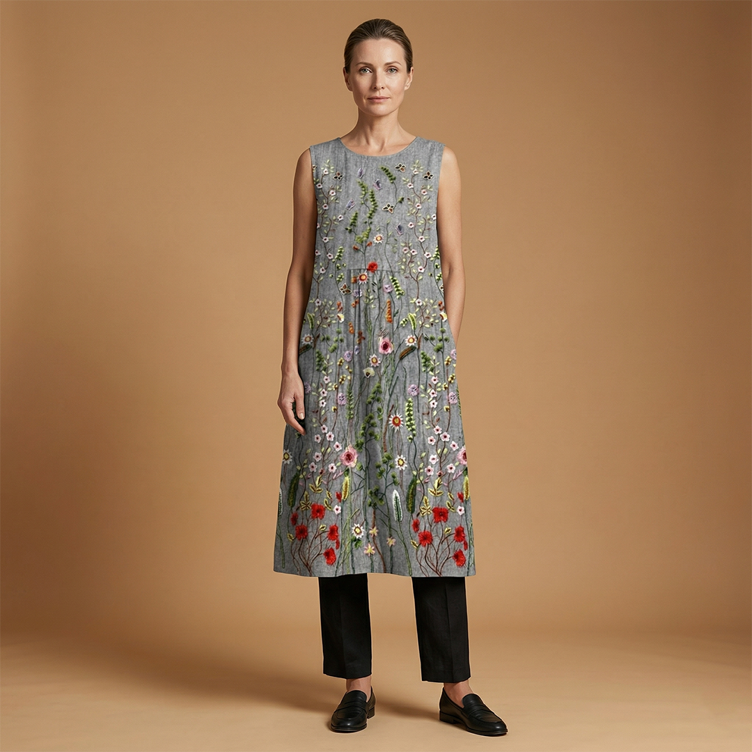 Sleeveless Dress with Linen Blend and Lightweight Fabric for Women