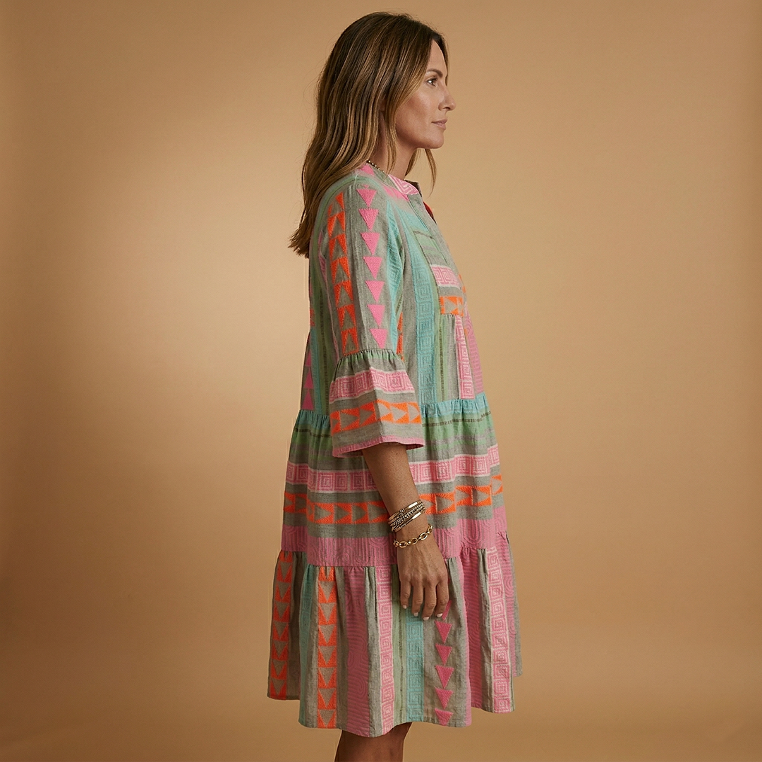 Summer Midi Dress with V-Neck and 3/4 Sleeves for Women