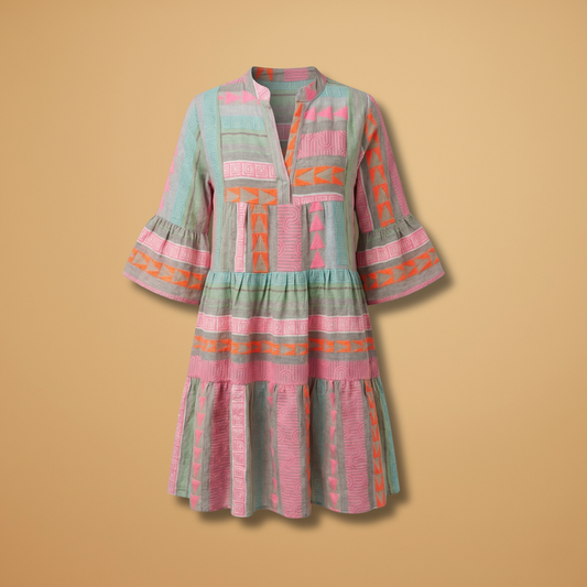 Summer Midi Dress with V-Neck and 3/4 Sleeves for Women