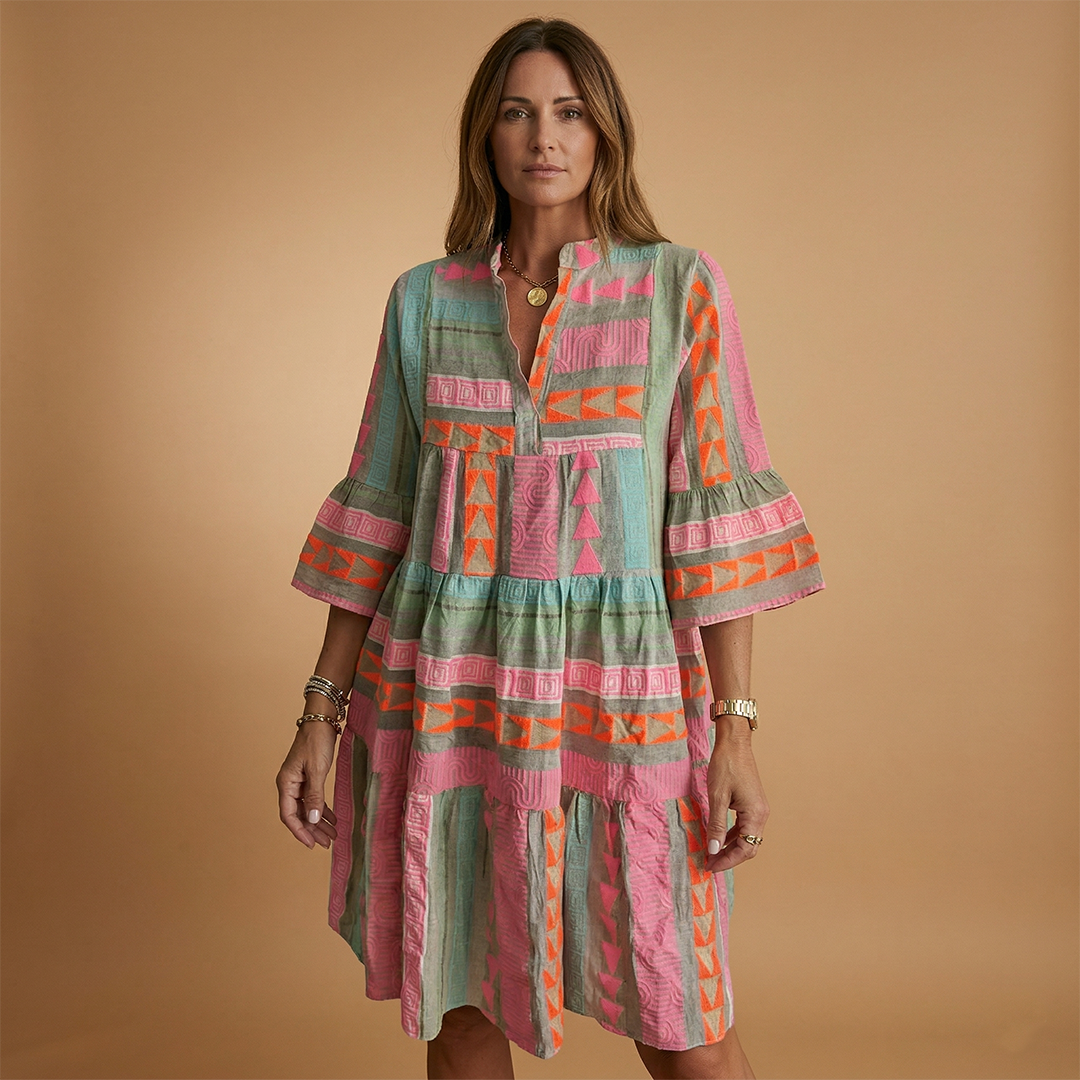 Summer Midi Dress with V-Neck and 3/4 Sleeves for Women