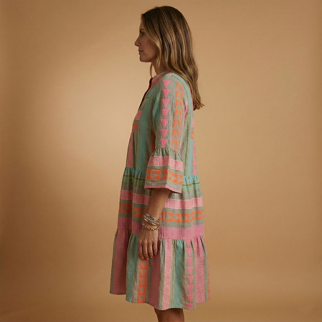 Summer Midi Dress with V-Neck and 3/4 Sleeves for Women