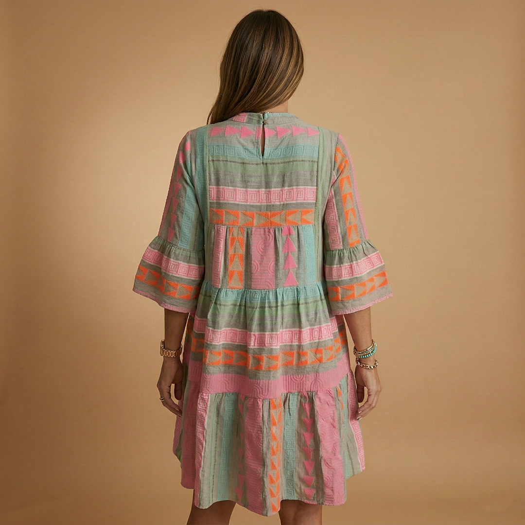 Summer Midi Dress with V-Neck and 3/4 Sleeves for Women