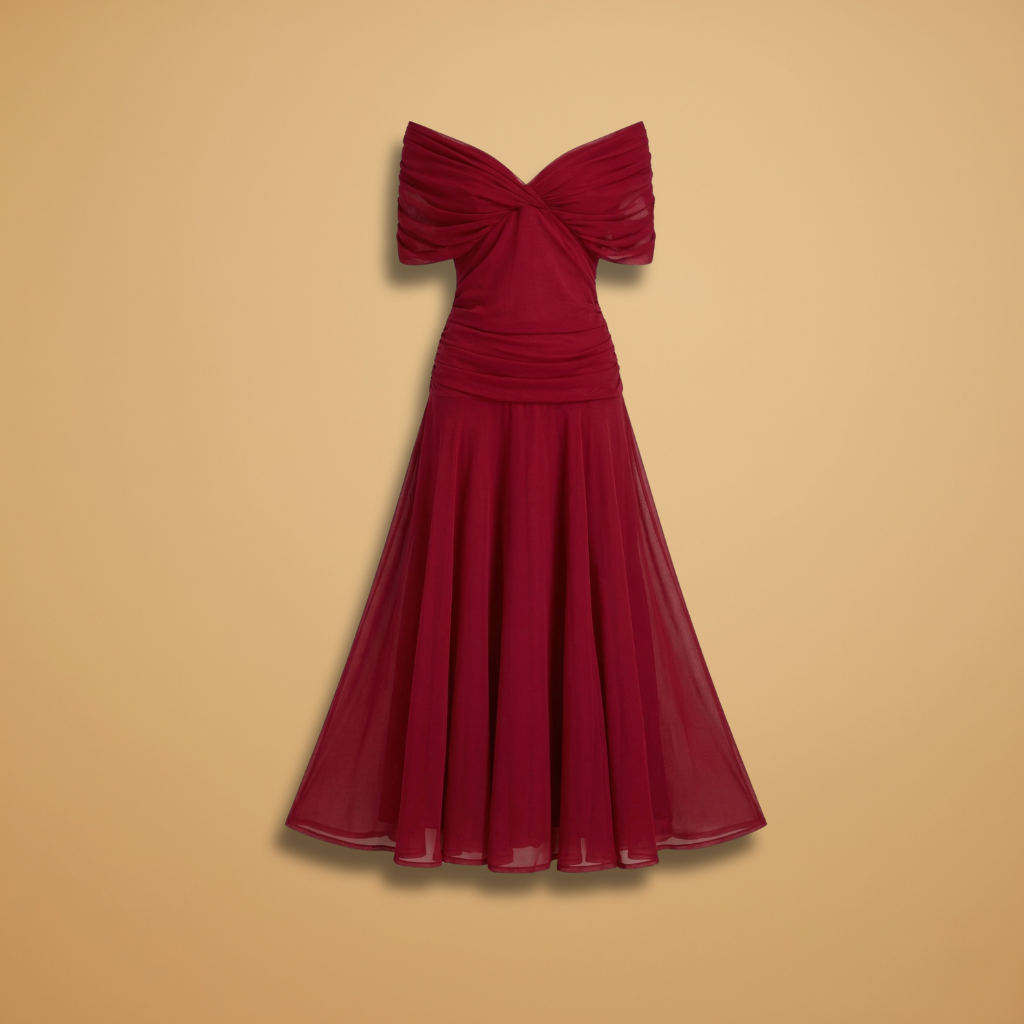 Evening Midi Dress with Ruched Bodice and Flowing Skirt