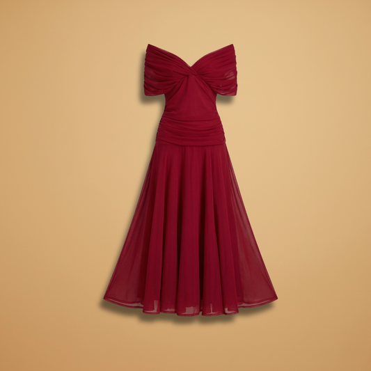 Evening Midi Dress with Ruched Bodice and Flowing Skirt