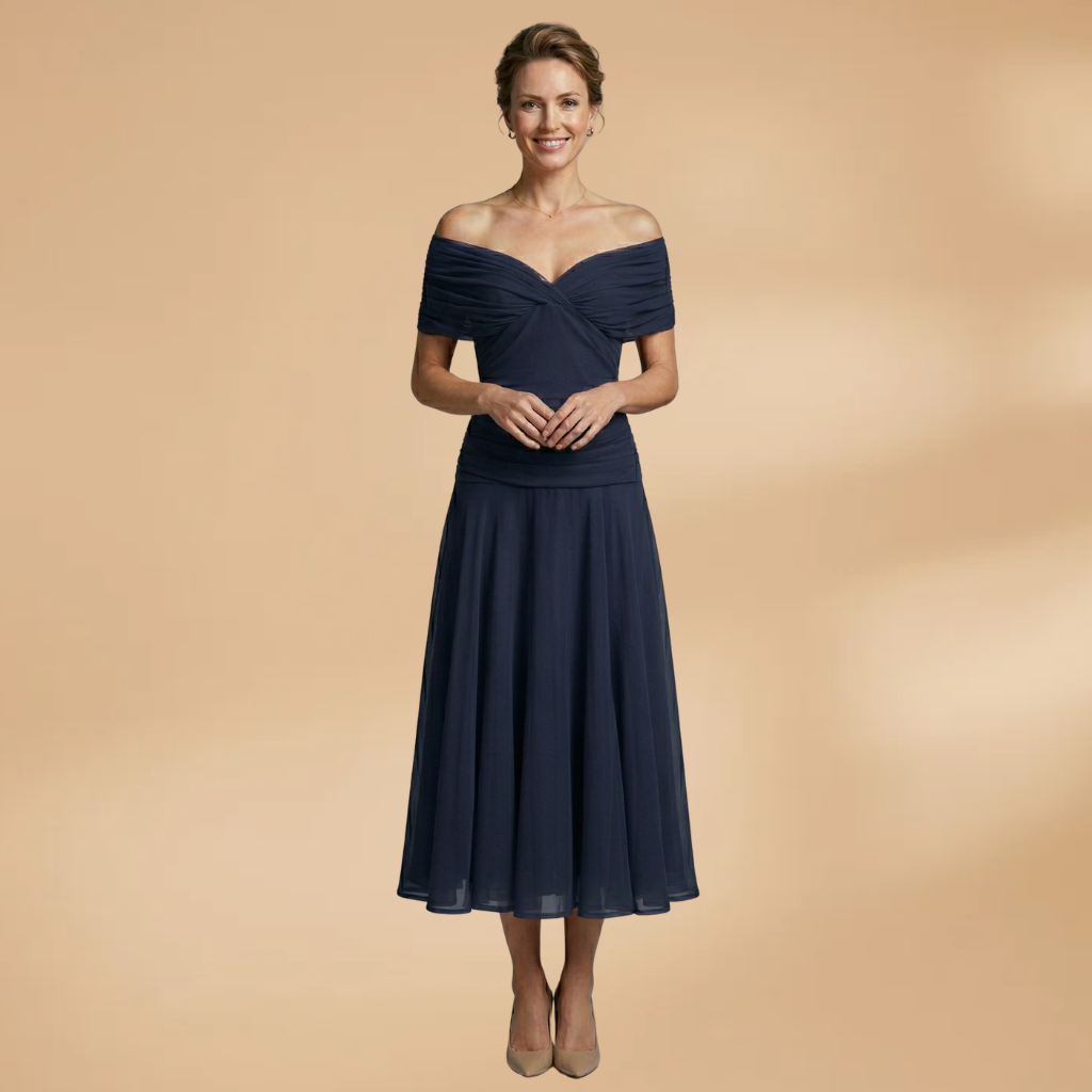 Evening Midi Dress with Ruched Bodice and Flowing Skirt