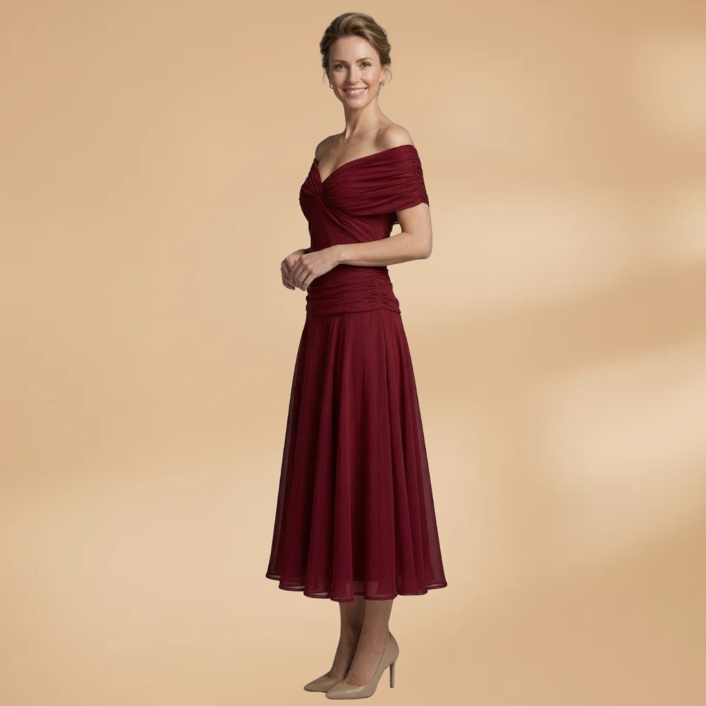 Evening Midi Dress with Ruched Bodice and Flowing Skirt