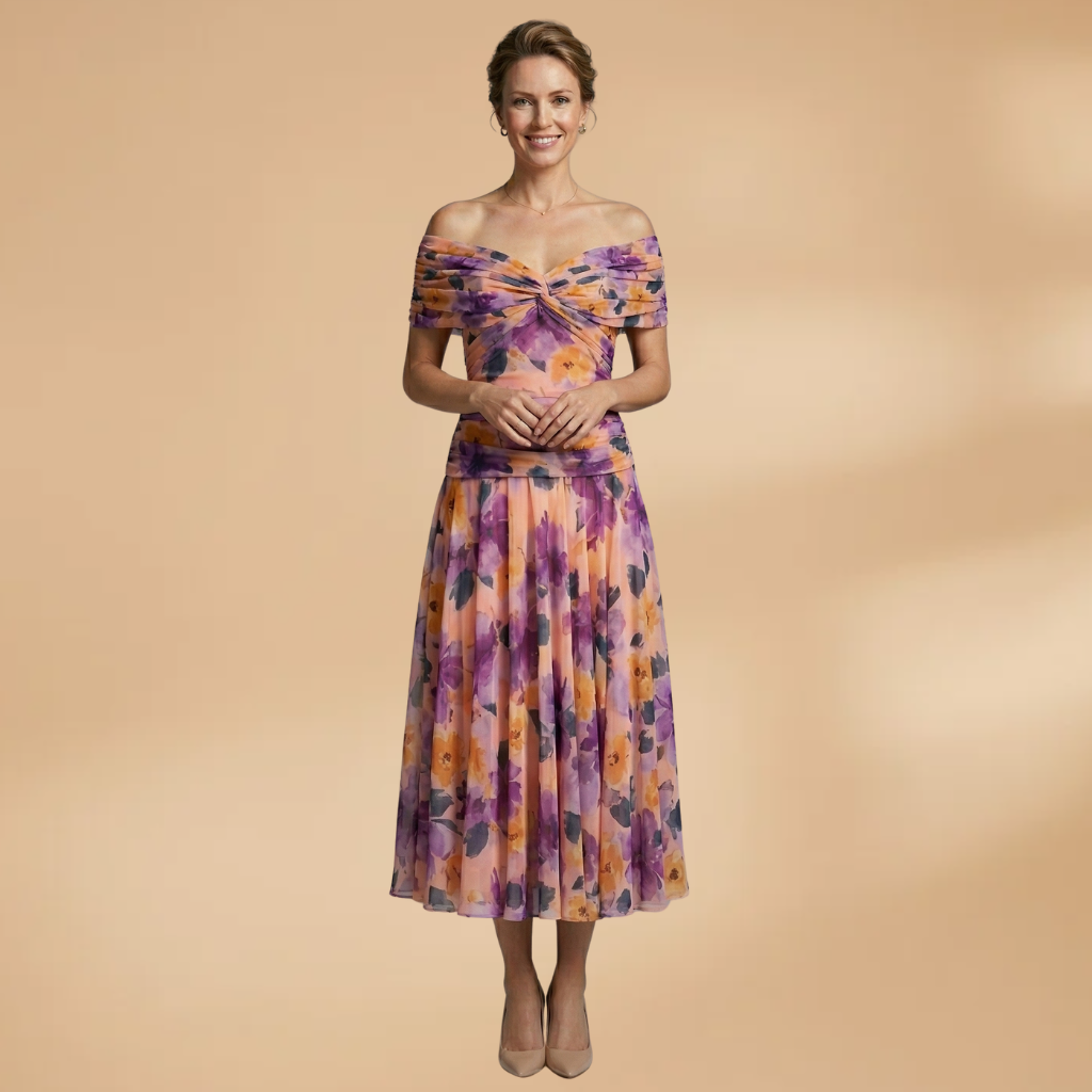Evening Midi Dress with Ruched Bodice and Flowing Skirt