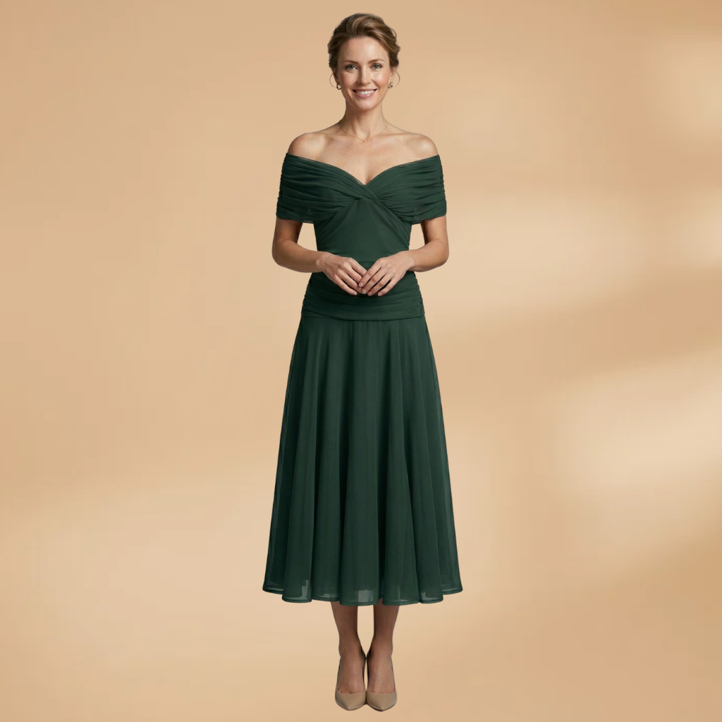 Evening Midi Dress with Ruched Bodice and Flowing Skirt