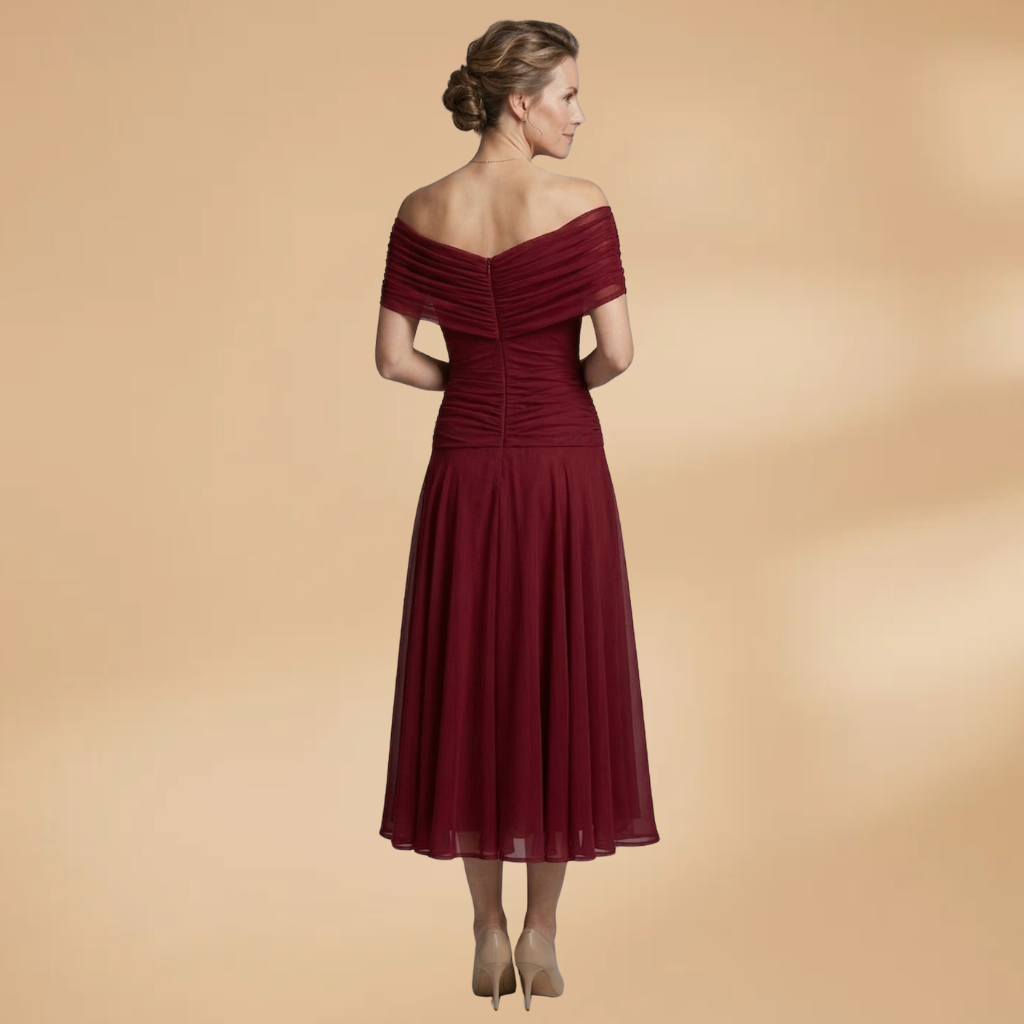 Evening Midi Dress with Ruched Bodice and Flowing Skirt