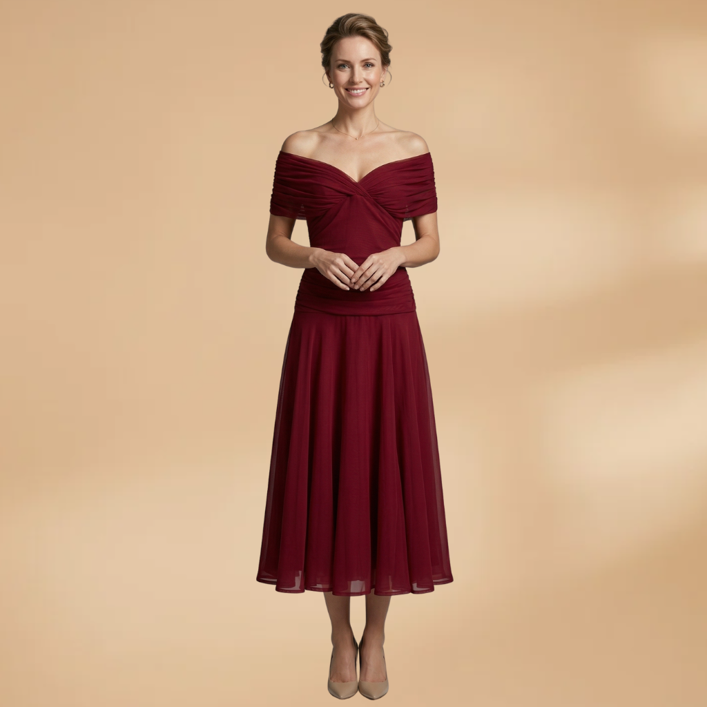 Evening Midi Dress with Ruched Bodice and Flowing Skirt
