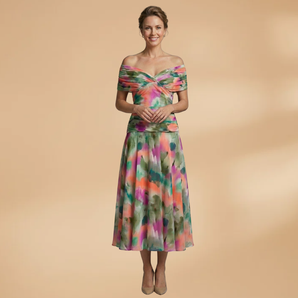 Evening Midi Dress with Ruched Bodice and Flowing Skirt