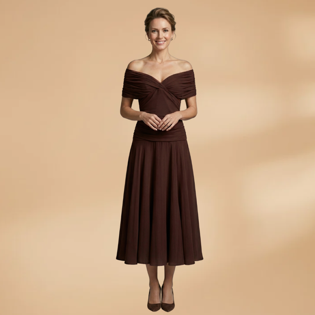 Evening Midi Dress with Ruched Bodice and Flowing Skirt