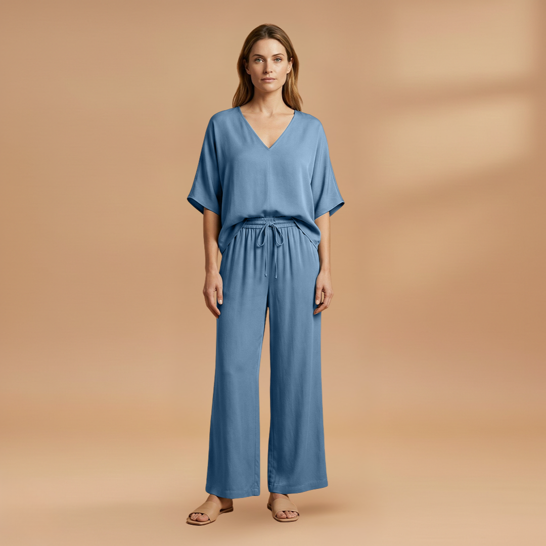 Two-Piece Set with V-Neck and Wide-Leg Pants for Women