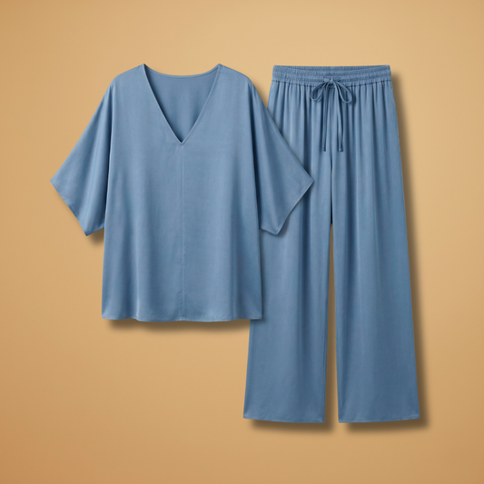 Two-Piece Set with V-Neck and Wide-Leg Pants for Women